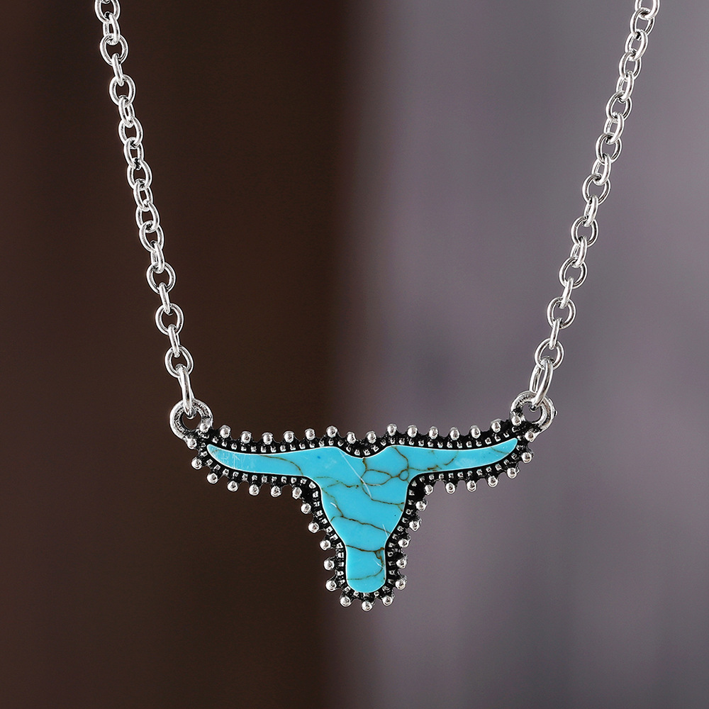 Western Turquoise Stone Cow Pendant Necklace - Image 3