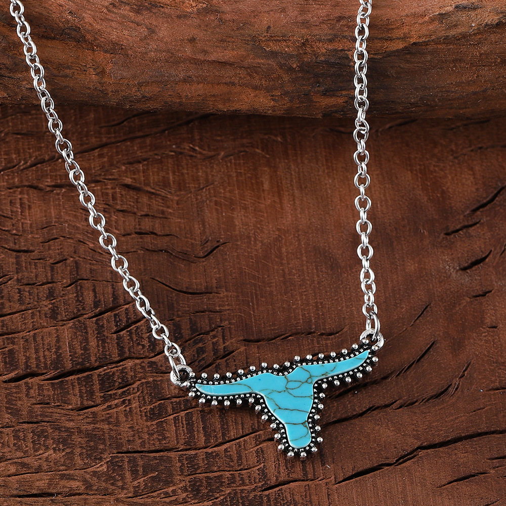 Western Turquoise Stone Cow Pendant Necklace - Image 4