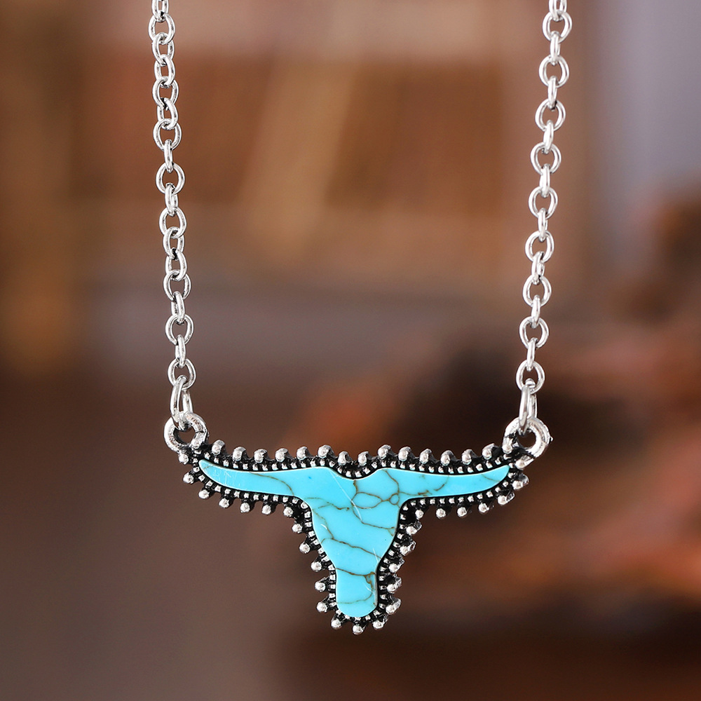Western Turquoise Stone Cow Pendant Necklace - Image 5